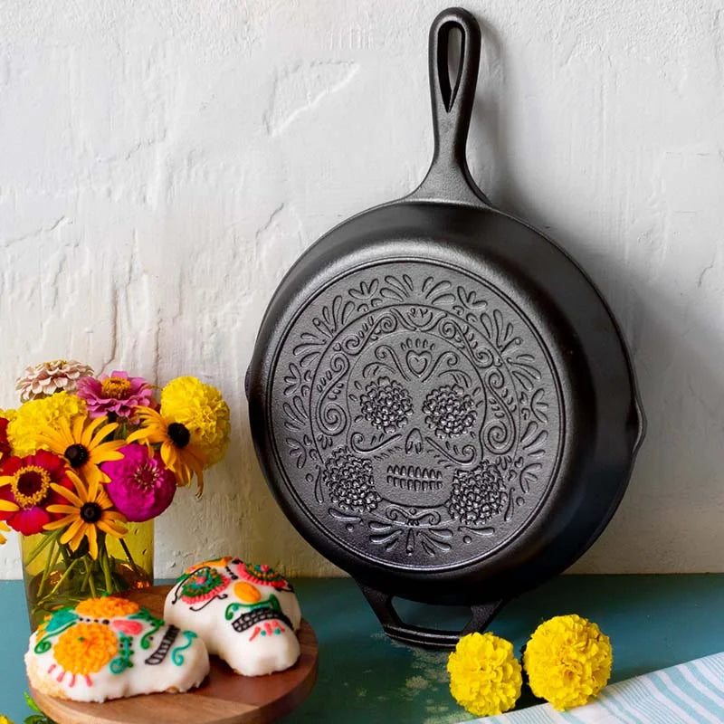 10.25 Inch Seasoned Cast Iron Sugar Skull Skillet